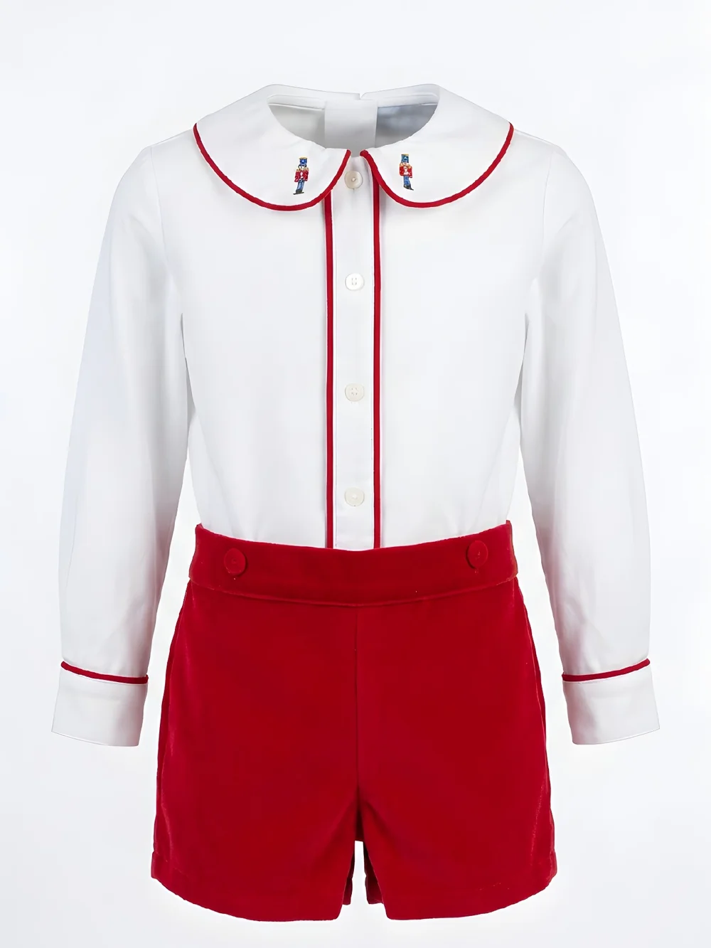 White Peter Pan Collar Top and Red Velvet Shorts Set